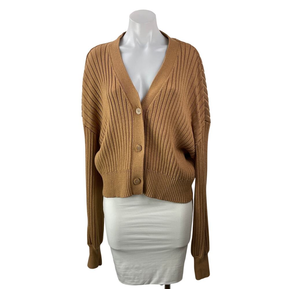 Staud Women's Tan Ribbed Knit V Neck Button Down Cardigan Sweater Top Size L